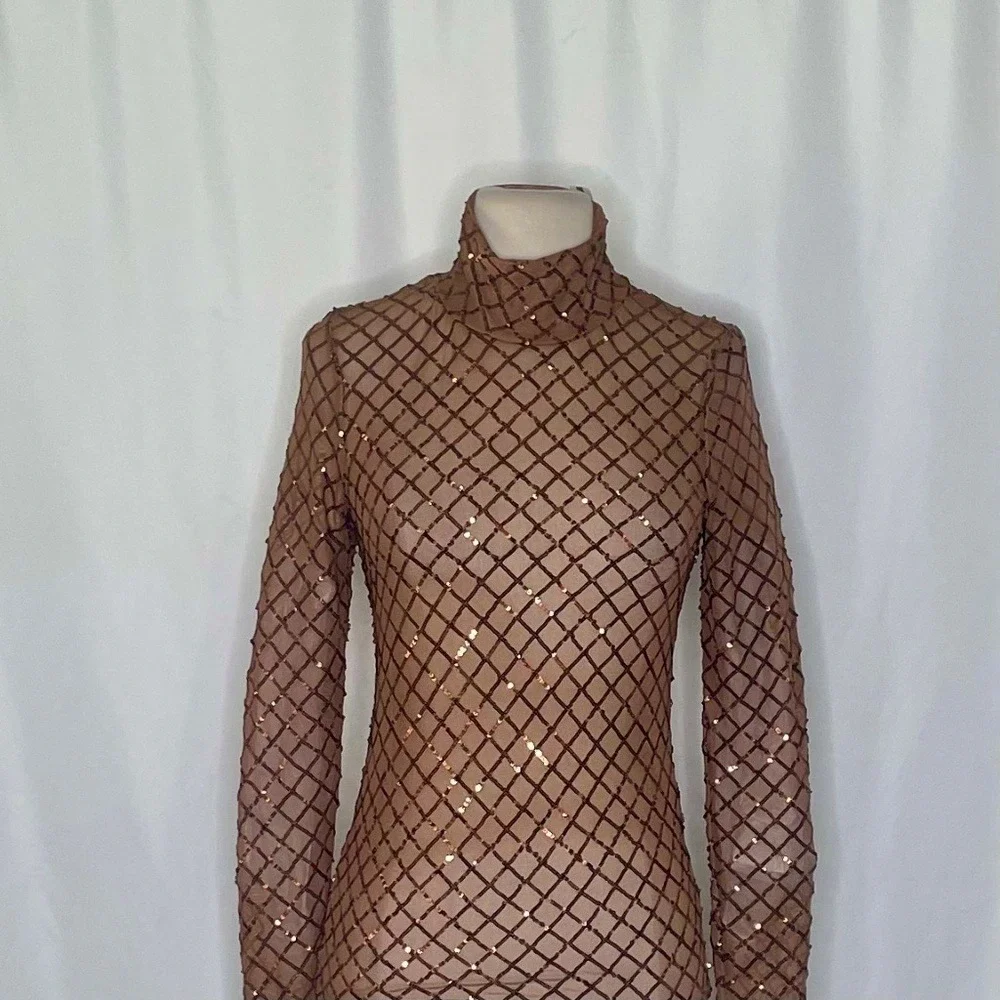 NWT!! Anthropologie PILCRO Turtleneck Sequin Top Shirt Bronze Party Glam X-Small